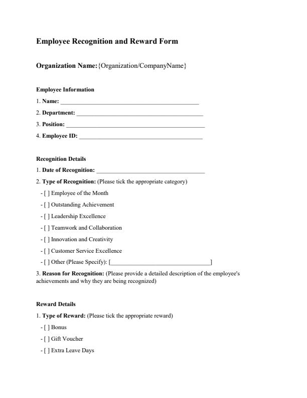 Employee Recognition and Reward Form Template